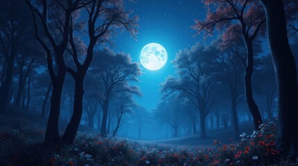 Enchanting moonlight casting a soft glow over a vibrant forest, dreamlike ambiance