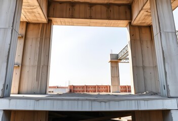 Raw concrete structure under construction, showing framework and poured cement, development, steel