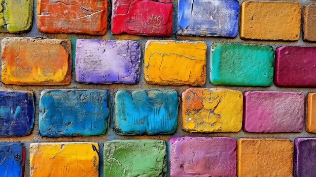 Brightly colored bricks arranged in an artistic pattern showcase urban creativity and design elements in a lively environment