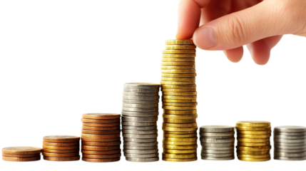 Stacks of coins arranged in ascending and descending order with hand placing golden coin on top, symbol of financial growth, isolated on transparent background