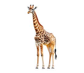 Fototapeta premium Standing giraffe with leafy branch, nature animal isolated on transparent background