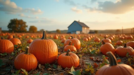 Sprawling pumpkin field under golden sunlight, vibrant orange pumpkins on green grass, clear blue sky, cozy countryside autumn scene