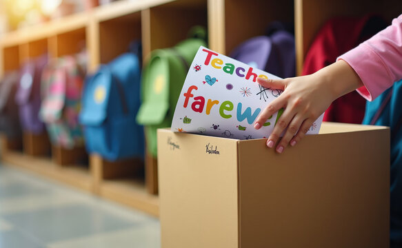 A hand places a colorful farewell card into a cardboard box in a school setting surrounded by backpacks, conveying a sense of nostalgia and appreciation - Powered by Adobe