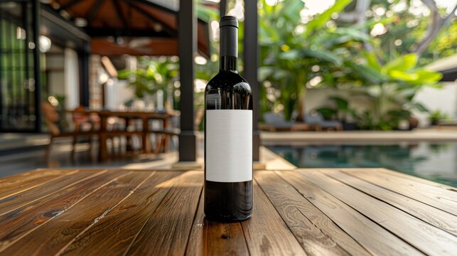 Elegant wine bottle with blank label and glasses at poolside for romantic summer getaway mockup