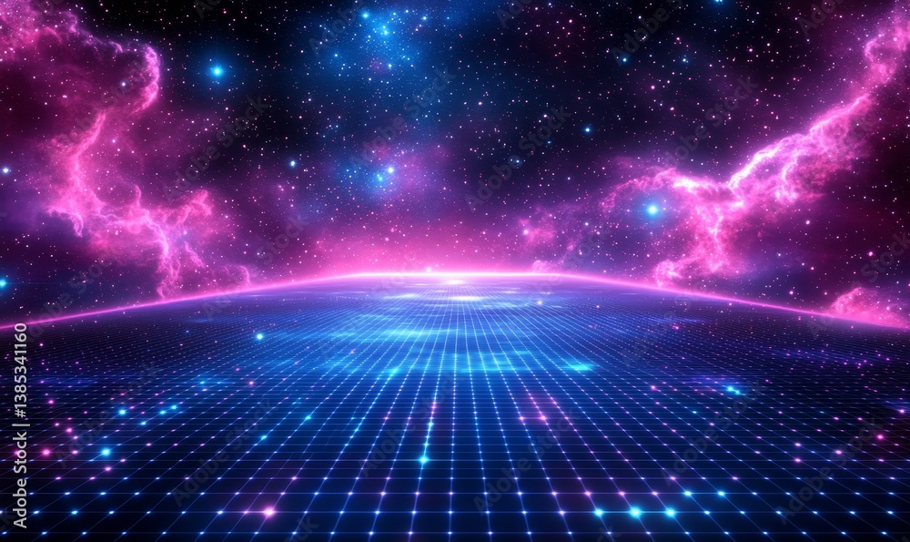 Wall mural universe retro futuristic 80's background 4k. synthwave wireframe net grid. abstract digital backgro