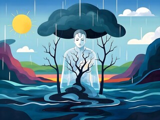 Symbolic 2D Digital Art – Emotional Depression Concept with Raincloud, Porcelain Mask, Abstract Ocean, HD Artwork