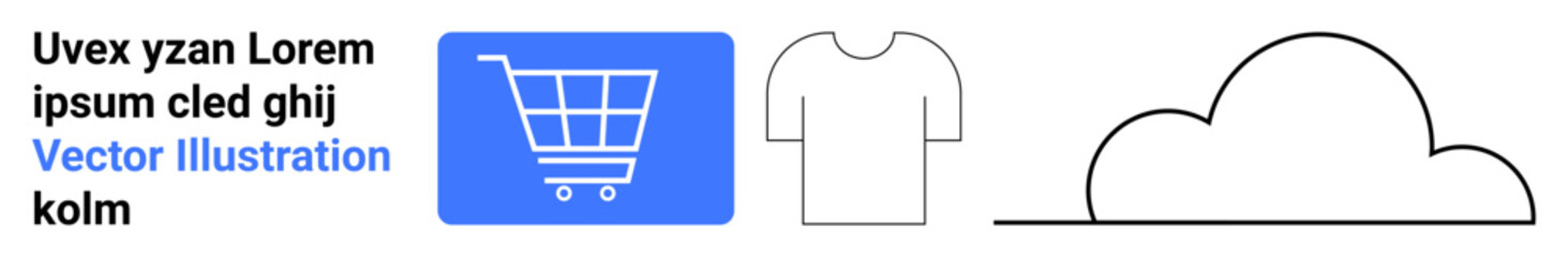 Shopping cart icon, t-shirt outline, and cloud evoke online shopping, fashion, digital storage. Ideal for e-commerce, clothing design, cloud services, digital marketing education apps simple
