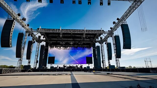 Massive outdoor concert stage setup with large LED screen, towering speaker systems, rigging structures, and clear blue sky background

