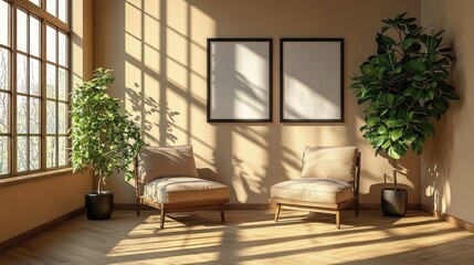 Fototapeta premium Sunlit room with armchairs and plants; mockup for art prints; interior design