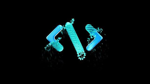 3D animated syntax coding bracket programming developer symbol particle disintegration effect, technology software engineer isolated on black background