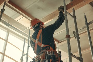 A construction worker installing ceiling beams in a building. Featuring strength and precision