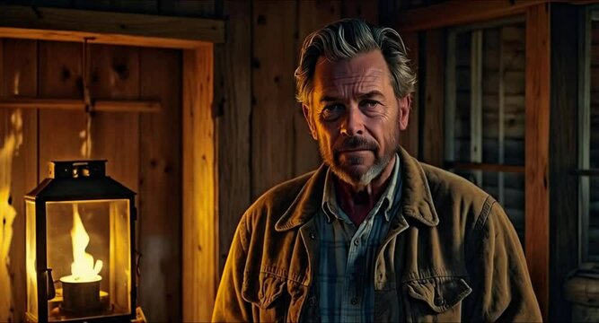 Mid-torso portrait inside wooden cabin, person with grey hair, facial hair, patterned shirt, brown jacket, serious look, wood walls, hanging lantern, warm dim lighting, rustic indoor vibe. Beard old.