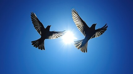Obraz premium Two birds flying in a bright blue sky. Possible use Nature, freedom, wildlife