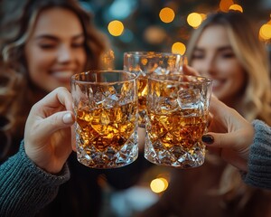Cheers to Friendship! Three friends raise their glasses filled with amber liquid, ice cubes, enjoying a cozy evening together.