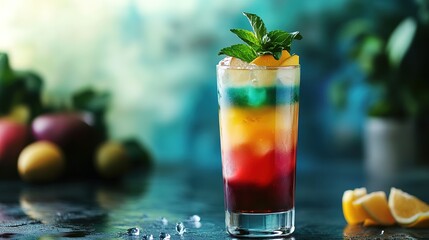 Fototapeta premium A colorful layered summer cocktail served in a tall glass.