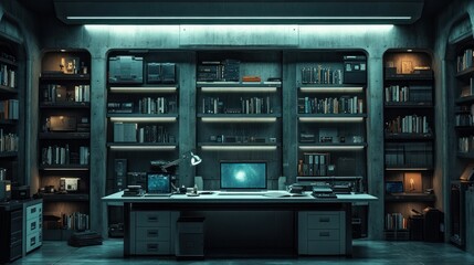 Futuristic Study: A Cyberpunk Workstation in a Concrete Bunker