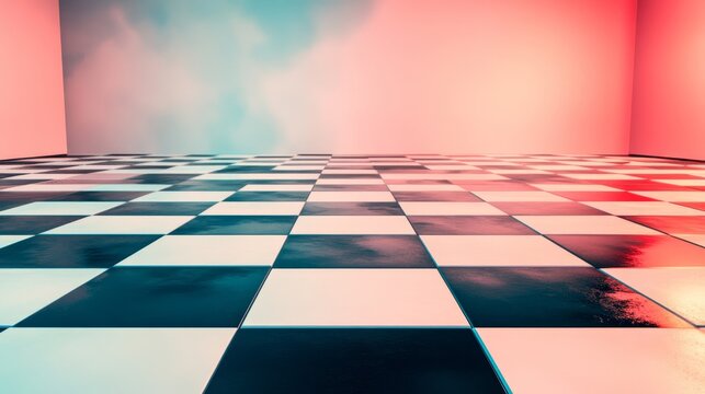 Retro grainy pattern with black and white checkered floor, vaporwave aesthetics, pastel colors. Chess board vintage style. Surreal vaporwave with a checkerboard floor. Vintage style retro