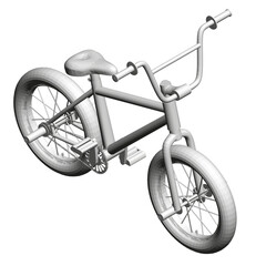 A white bicycle with a black seat and a black handlebar. The bike is shown in a 3D rendering, with the seat and handlebar being the only visible parts. Isometric view. 3D