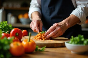 A person who cooks food using local ingredients, free space for text