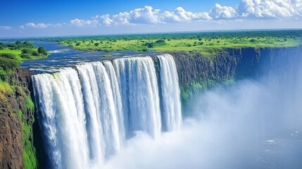 A mighty Victoria Falls in full force, with white mist rising high into the clear African sky