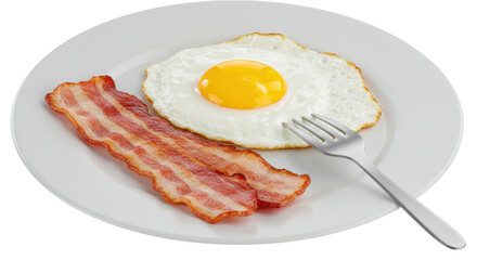 Isolated Fried Egg with Bacon Strips on White Plate with Fork