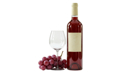 Isolated Wine Bottle with Red Wine Glass and Grapes for Vineyard Celebration