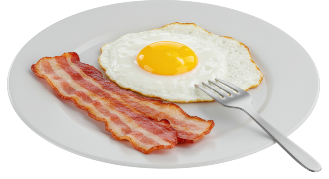 Isolated Fried Egg with Bacon Strips on White Plate with Fork