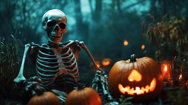 Spooky scene in a mystical forest: a skeleton surrounded by glowing pumpkins and lanterns - Powered by Adobe