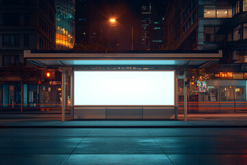 Blank Advertising Poster Mockup at Empty City Bus Stop at Night Scene