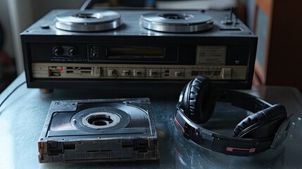 Fototapeta premium Cassette tape lying next to retro headphones, with a vintage stereo system prominently displayed in the background.