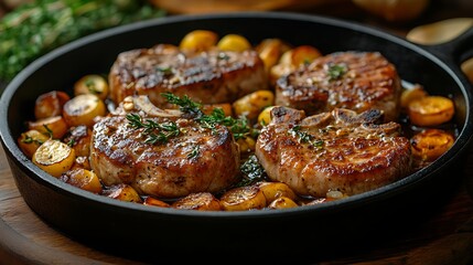 Delicious Pan Seared Pork Chops with Roasted Potatoes Thyme and Garlic