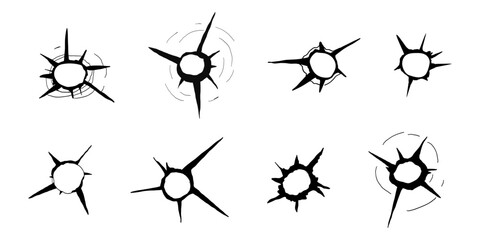 Bullet hole gun shot weapon mark silhouette, impact gun, bullet hole gunshot. Damage from shoot.