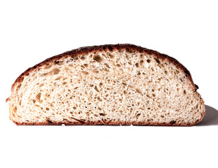 Freshly baked round bread cut in half on a white background. Close up.