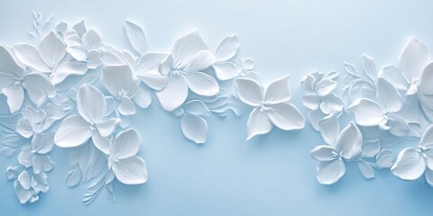 White floral sculpted relief arrangement with leaves over a blue backdrop