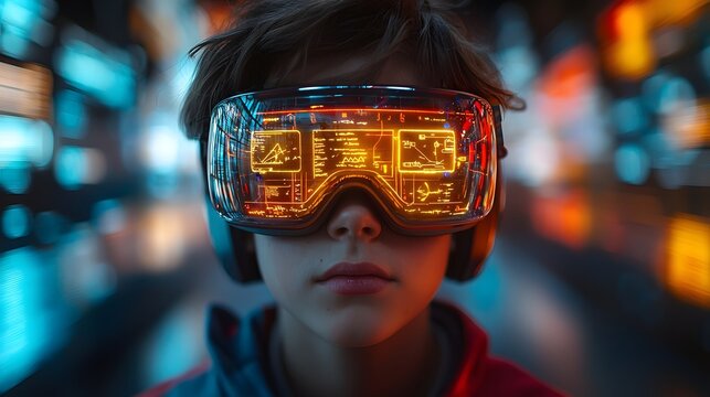 Student using augmented reality glasses for futuristic learning