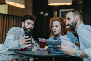 A group of three people collaborating on paperwork, aiming to solve a task together in a stylish modern environment. Intense discussions and shared focus create a dynamic and professional atmosphere.