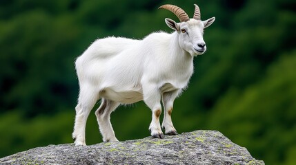 A mountain goat standing on a steep rocky ledge, overlooking the valleys of Olympic National Park