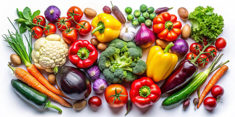 Fresh Organic Fruits and Vegetables Arranged on White Background