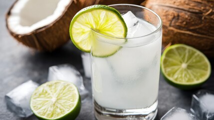 A refreshing glass of coconut water with a slice of lime. Featuring hydration and tropical flavor