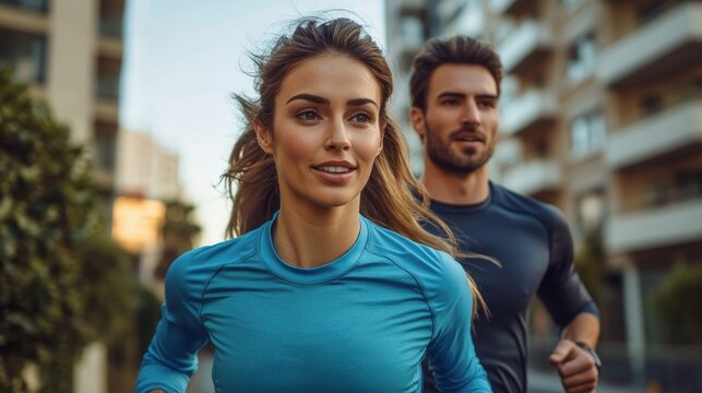 Young fitness couple running in urban area, Generative AI