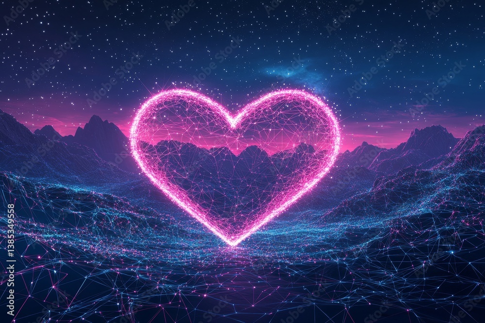 Wall mural heart shape with synthwave wireframe net illustration. abstract digital background. 80s, 90s retro f