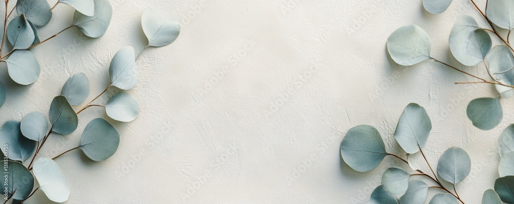 Poster eucalyptus branches forming a border against a textured backdrop, with a central blank space