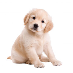 Fototapeta premium A cute golden retriever puppy sitting with a curious expression. Its fluffy light coat and playful demeanor make it an ideal representation of youthful companionship.