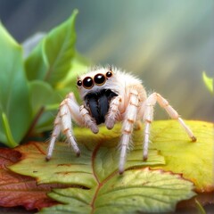 Saltique chevronnée (Salticus scenicus) sur des feuilles - Illustration générée par IA