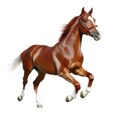 Obraz premium A majestic chestnut horse galloping gracefully, showcasing its strength and beauty against a white isolated background.