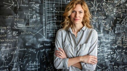 Smiling female teacher stands confidently in classroom with arms crossed, symbolizing intelligence.
