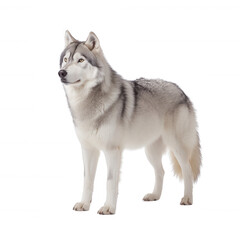 Obraz premium A majestic Siberian Husky standing confidently, showcasing its striking features and beautiful fur, isolated on a white background.