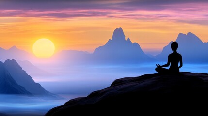 Obraz premium A person meditating at sunrise on a mountain peak, refuelled with peace and clarity