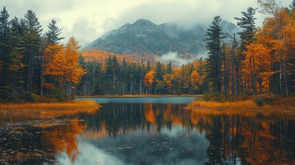 Naklejka premium Autumn lake reflecting mountains, fall foliage, tranquil scene, nature background, ideal for calendars