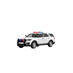 A modern police SUV with flashing lights and a police insignia, suitable for various law enforcement and emergency service themes, on a white isolate background.